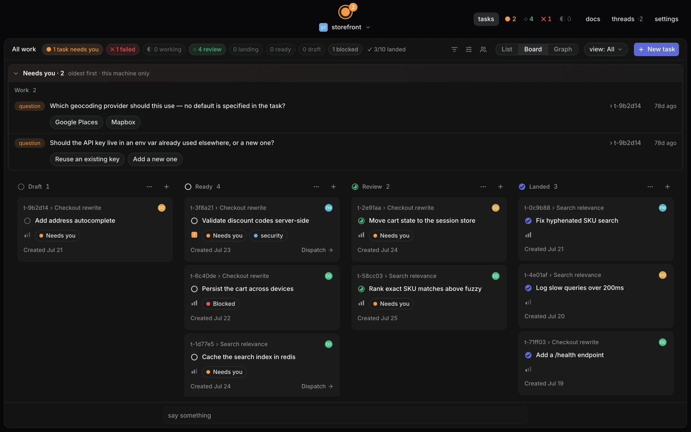 Dispatch Board view: The same tasks as columns, from draft to landed.