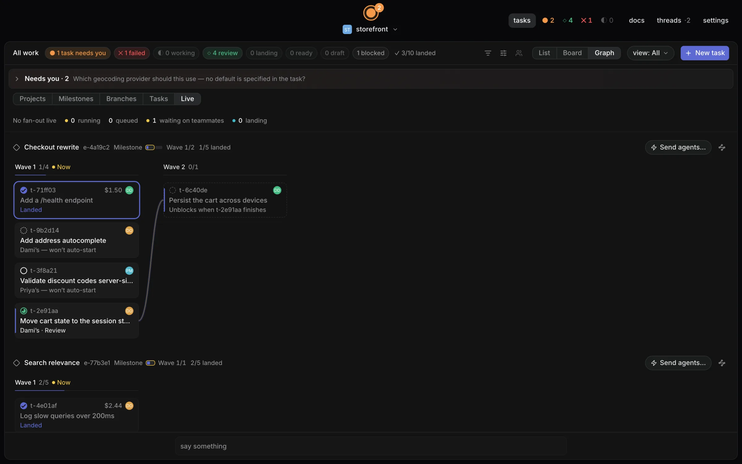 Dispatch Live view: Agents working in waves. A blocked task starts the moment its blocker lands.