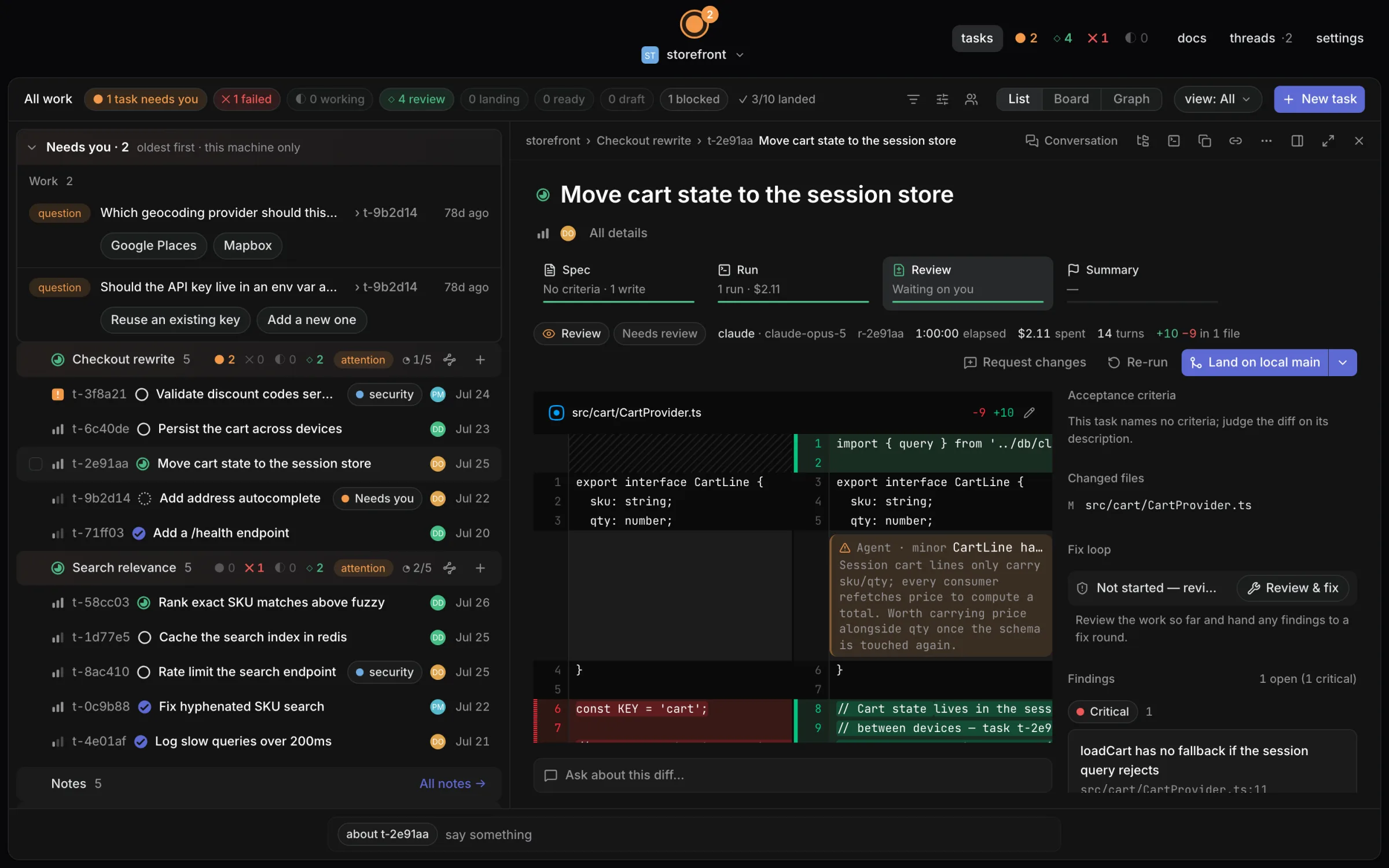Dispatch Review view: The diff, the reviewer’s findings and the merge button, side by side.