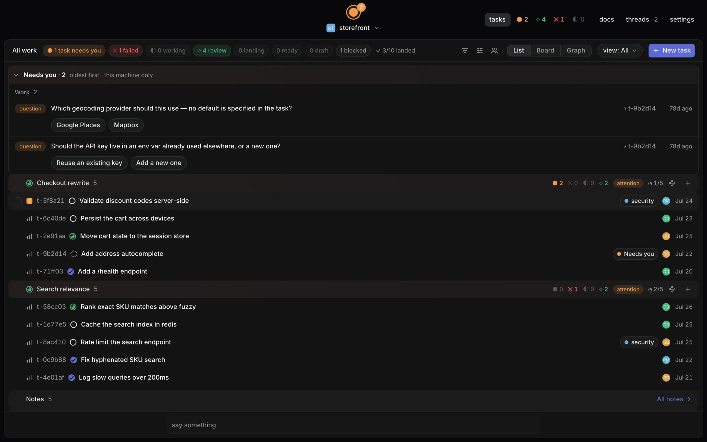The Dispatch Tasks view: milestones, tasks and what needs you