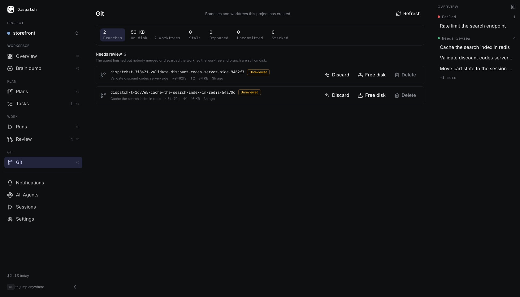 The Git view: every branch and worktree the project's agents created