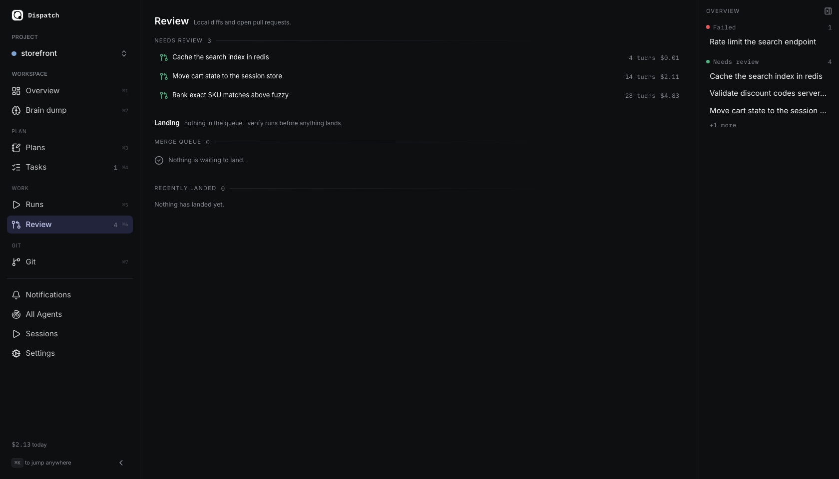 The Review view: three runs waiting for review, an empty merge queue