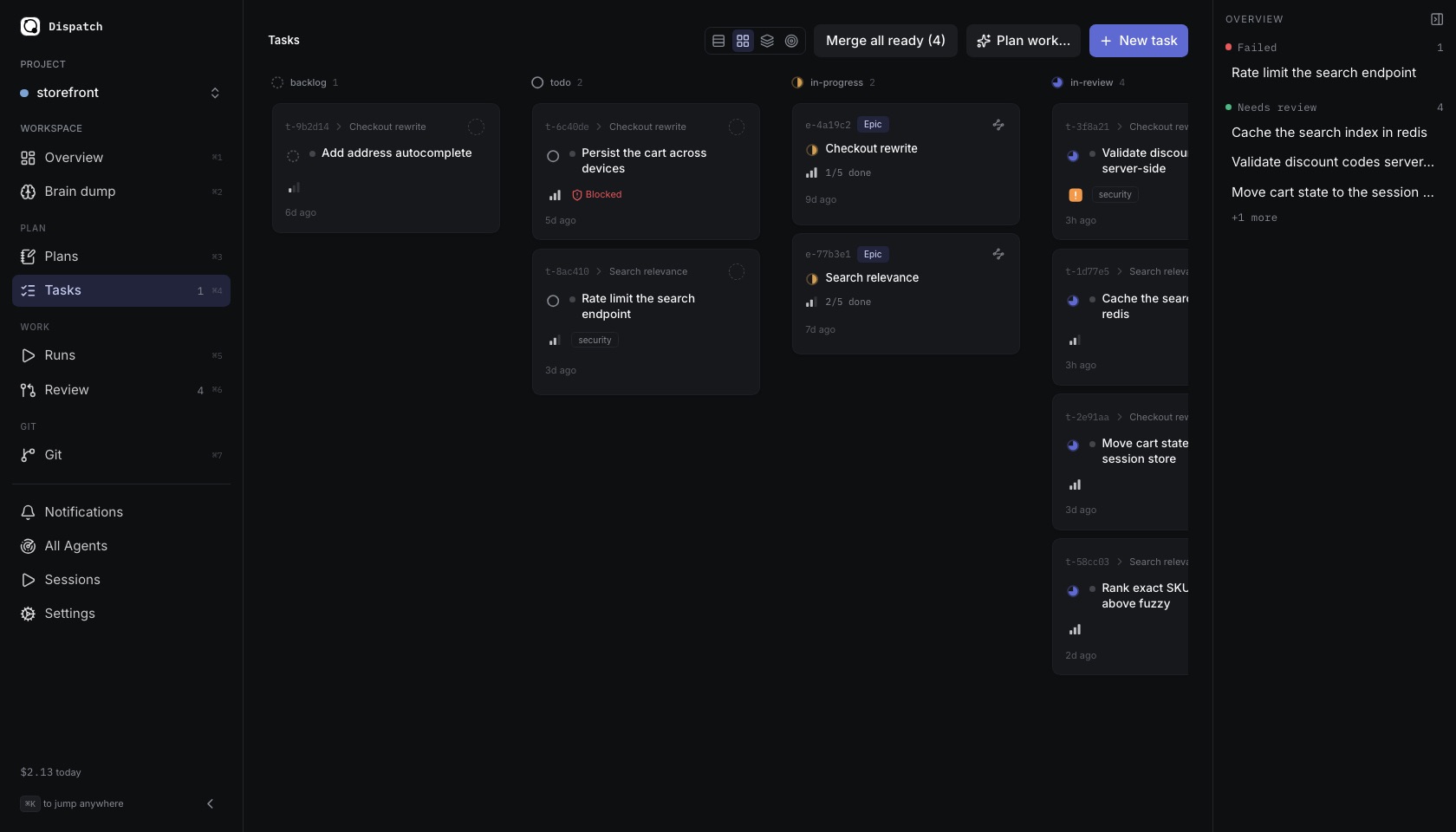 The Tasks board: backlog, todo, in-progress, in-review and done columns with task and epic cards.
